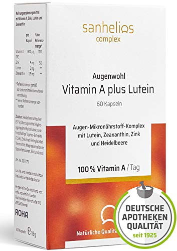 Sanhelios Augenwohl Kapseln | Tag & Nacht | Mikronährstoffkomplex mit Vitamin A, Lutein, Zeaxanthin, Heidelbeere und Zink | 60 vegane Kapseln | 1 x täglich | Hergestellt & geprüft in Deutschland