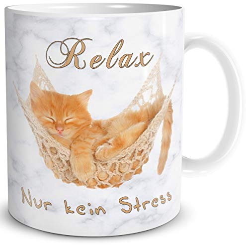 TRIOSK Tasse Katze Relax kein Stress mit Spruch lustig Katzenmotiv Geschenk Erholung Entspannung für Katzenliebhaber Frauen Freundin, Keramik 300ml