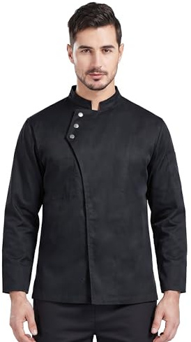 Nanxson Veste de Cuisine Homme Noir Coton Veste de Chef Manches Longues | Boutons-pression, uniforme de chef professionnel, avec poches, adapté aux chefs et aux serveurs