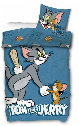 SkyBrands Tom e Jerry - Biancheria da letto double-face, 135 x 200 cm, federa 80 x 80 cm, motivo: Tom e Jerry, 100 cotone, Ko-Tex Standard 100