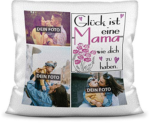 Print Royal Foto-Kissen inkl. Füllung zum Selbstgestalten - für Mama - mit eigener Collage und Spruch - Bestes Fotogeschenk/Geburtstagsgeschenk - Kissen Polyester - Weiß flauschig