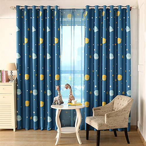 Lsimeru 2er Set Verdunkelungsvorhang Kinderzimmer Junge Ösen 245x140 Sterne Planet Muster Blau Gardinen Vorhang Blickdicht Thermo Lichtundurchlässig Fensterschal für Schlafzimmer
