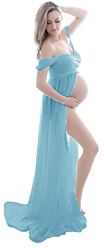 FEOYA - Ropa Embarazadas Mujeres para Sesión de Fotos Vestido Embarazada con Encaje Chifón Mujer Maxi Falda Larga de Fotografia de Maternidad Hombros Descubiertos para Atrezzo Fotografia Fiesta - L