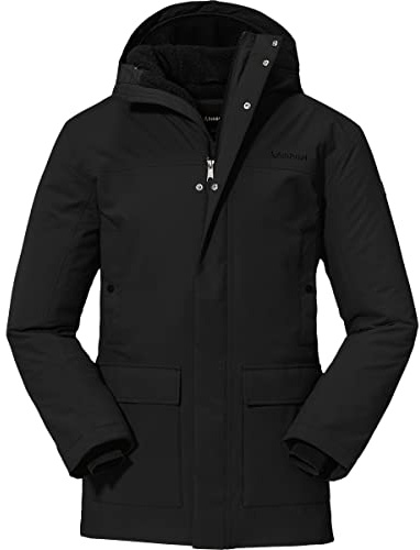 Schöffel Herren Ins. Parka Rotterdam M, wind- und wasserdichter Herren Parka mit Teddyfutter, Wintermantel mit 4-Wege-Stretch und Kopfhörerausgang, black, 46
