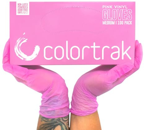 Colortrak Disposable Vinyl Gloves, Pink, Latex-Free & Powder-Free Hair Color Gloves for Chemical Processing & Salon Services, 100 Count, Medium