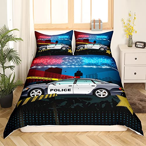 Sunnybed Polizeiauto Bettbezug Cartoon Polizei Bettwäsche Set für Teenager Jungen,Polizist Fahrzeug Auto Rot Blau Polizist Lichter LKW Notfall Stroboskop Licht Schlafzimmer Dekor 135x200