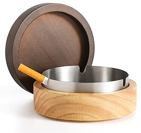 Cenicero lindo para cigarrillos, cenicero con tapa, cenicero de madera DDAJJAJ con cenicero decorativo portátil de acero inoxidable, cenicero a prueba de viento para hogar, patio, interior, fiestas