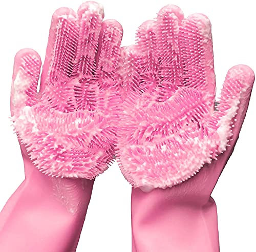 Wiederverwendbare Silikon-Geschirrspülhandschuhe, Gummi-Scheuerhandschuhe für Geschirr, Reinigungsbürste mit Schwamm, für Hausarbeit, Küche, Auto, Fensterreinigung. 1 Paar (34,5 cm groß) (Rosa)