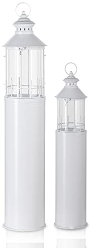 KHG Laterne Leuchtturm 2er-Set Metall/Glas in weiß, vielseitig einsetzbar | Kerzenständer, Kerzenhalter, Outdoor und Indoor, Deko, Glaseinsatz, für Wohnzimmer, Balkon, Terrasse, Garten usw.