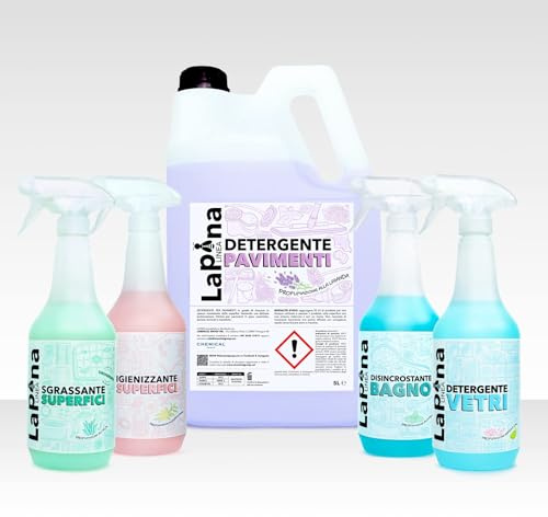 LaPina Kit 5 Pezzi: Vetri+ Disincrostante bagno+ Sgrassante superfici+ Igienizzante750Ml e Pavimenti 5L