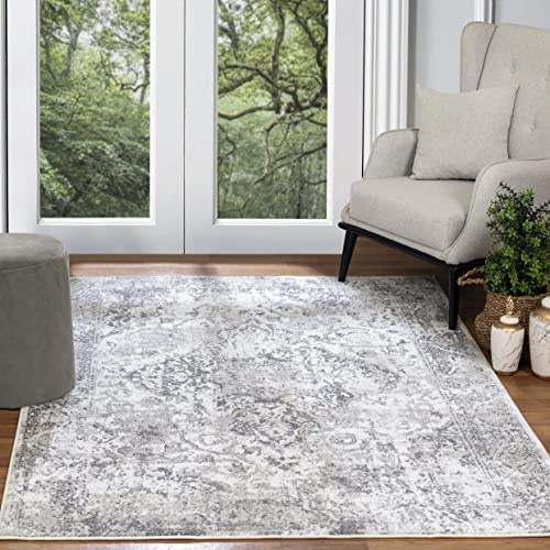 Livabliss Almere Vintage Orientalischer Teppich für Wohnzimmer, Esszimmer & Schlafzimmer - Boho Kurzflor Teppich in Grau und Weiß, 160x213 cm
