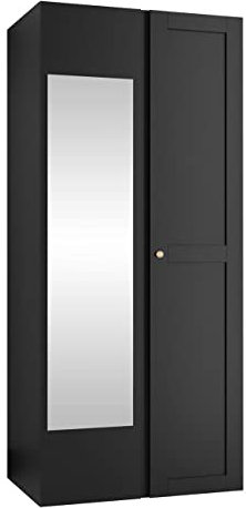Mirjan24 Kleiderschrank Rotuni 2D mit Spiegel, 2-türig Schrank mit 4 Fächer und 4 Doppelhaken, Drehtürenschrank, Garderobenschrank (Schwarz)
