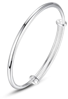 Sterling Silver Bangle Bracelets for Women,Fashion Versatile Simple Adjustable Silver Plated Smooth Face Bracelet,Smooth Face Round Belly Push Pull Silver Bracelet