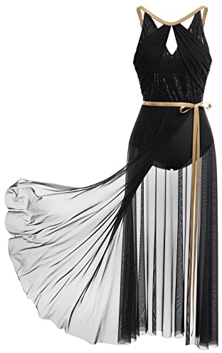 FYMNSI Damen Lyrisch Tanzkleid Ballettkleid ?rmellos Pailletten Trikot Mit Wickelrock Maxikleid T?ll Langes Trikotkleid Modern Contemporary Tanzkost?me Turnanzug B?hnenanzug Kost?m Schwarz XL