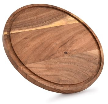 Indus Lifespace Planche à découper ronde en bois d'acacia avec rainure à jus pour hacher et servir des charcuteries, des légumes et des fruits (25,4 cm x 25,4 cm x 1,91 cm)