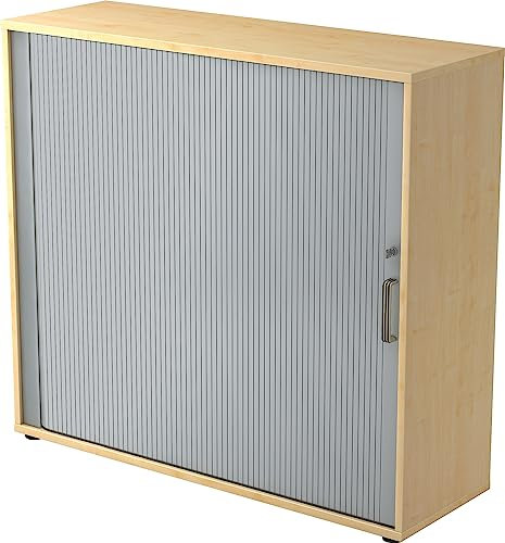 bümö Aktenschrank abschließbar mit Rollladen, Rollladenschrank für Ordner & Co. - Büroschrank mit Rollo, abschließbarer Ordnerschrank aus Holz in Ahorn/Silber mit Streifengriff