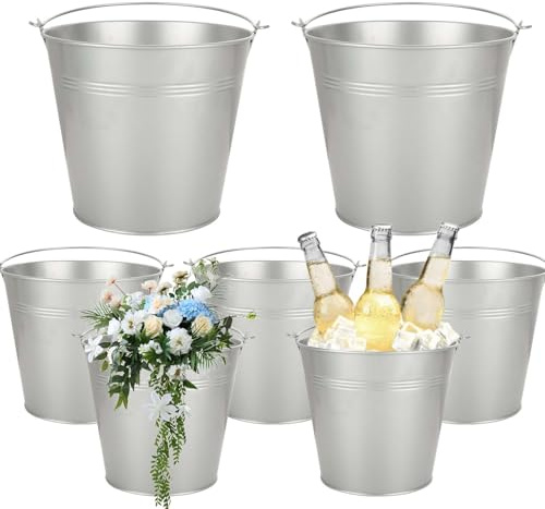 YOUNTHYE 6PCS 6Inch Galvanized Buckets with Handles - Small Metal Flower Pot Planters for Home Decor, Wedding Decorations
