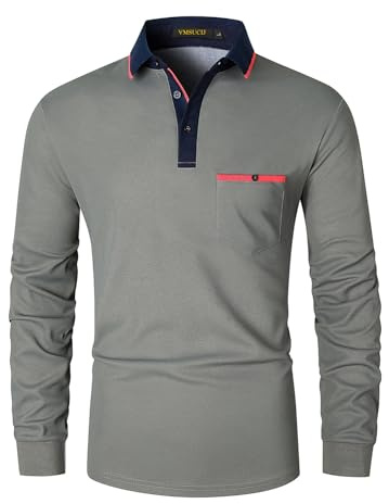 VMSUCIJ Men's Long Sleeve Polo Shirts Regular-Fit Collared T-Shirts Sport Golf Polos with Pocket Tops,Grey D08,XXL