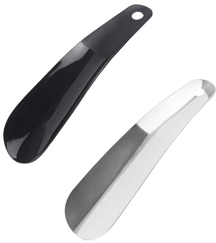 1 calzador de acero inoxidable con 1 calzador de plástico, mini calzador de zapatos, calzador corto portátil y colgante, unisex (4,5 x 16 cm)