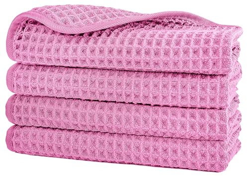 POLYTE Microfibre Lint Free Washcloth Face Towel, 33 x 33 cm, 4 Pack (Pink, Waffle Weave)