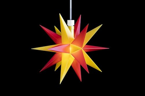Sterntaler Dekostern | Weihnachtsstern Mini-Stern | Kunststoff | 18-Zacker | Gelb/Rot | 12cm | Innen | LED | Batterie | mit Timer & Fernbedienung