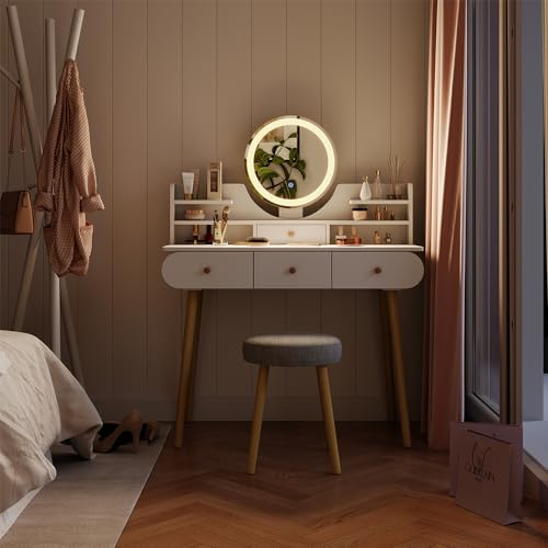 Vicco Tavolo da toilette Edda, Bianco, 100 cm con specchio LED e sgabello, con specchio LED rotondo e sgabello coordinato