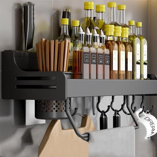 Scaffale per spezie, da appendere, per spezie, da cucina, senza forature, organizer per spezie con fessura per coltelli, ganci, bicchieri, mensole da cucina, per spezie, nero, 40 cm, tazza singola