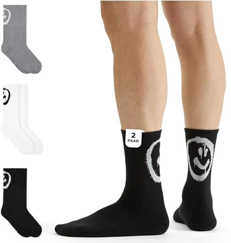 von Jungfeld 2er Set Schwarze Tennissocken Damen & Herren in Gr. 35-38 - Lange Socken (Crew Socks) aus Bio-Baumwolle - Strümpfe mit Smiley Statement