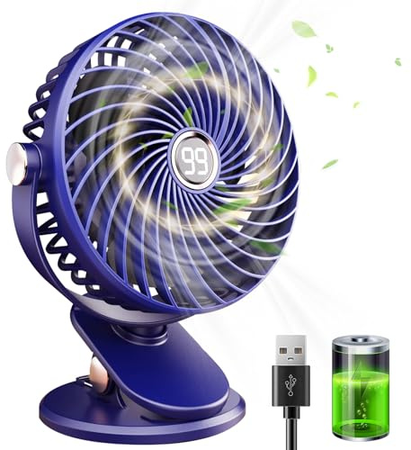 Ventilatore da Tavolo, 6000 mAh Mini Ventilatore USB con Display LCD, 5 Velocità 720° Rotante Piccolo Ventilatore Portatile Ricaricabile, Ventilatore con Clip per Ufficio Casa Campeggio-Blu