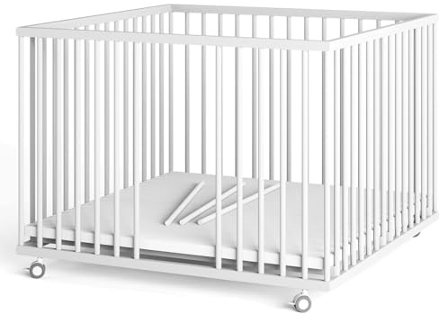 Sämann Laufstall Baby 100x100 cm mit Matratze SleepPlus und 3 Schlupfsprossen| TÜV geprüft | stufenlos höhenverstellbar | Laufgitter Premium | Babybett aus Holz | Krabbelgitter weiß