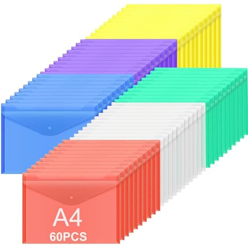 ASelected 60 Stück Dokumentenmappe mit Druckknopf Dokumententasche Transparent Sichttasche Sammelmappe Druckknopf für Organizer Dokumente (6 Farben, 60Stk-A4)