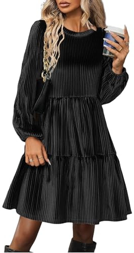 Zeagoo Damen Langarm Kleider Elegant Herbst Winter Minikleider Rundkragen Einfarbig A Linie Glänzend Kleid Velvet Partykleid mit Taschen Schwarz XXL