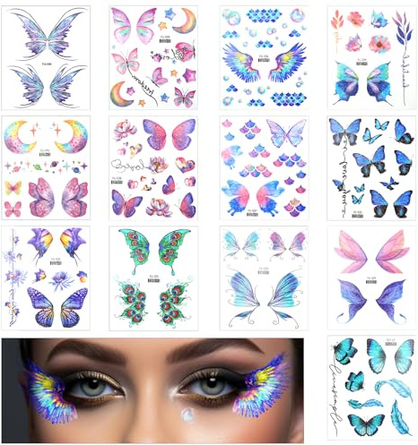 13 Stück Halloween Temporäre Tattoos Schmetterling Glitzer Temporary Tattoo | Glitzer Gesichtstattoo Festival Wasserfestes Glitzernde Fee Temporäre Tattoos für Mädchen für Party Make Up Halloween