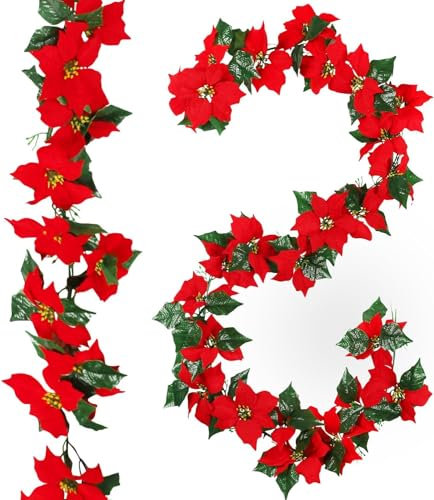 KAHEIGN Christmas Poinsettia Garland, 200CM Artificial Poinsettia Garland Flexible Greenery Garlands with Red Flowers and Holly Leaves for Winter Christmas Holiday New Year Party Decoration