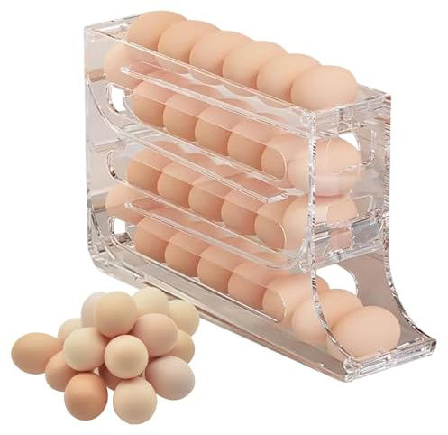 Soporte para huevos para nevera, 4 capas, rodante automático, ahorra espacio, organizador de huevos para despensa, gallinero, granja