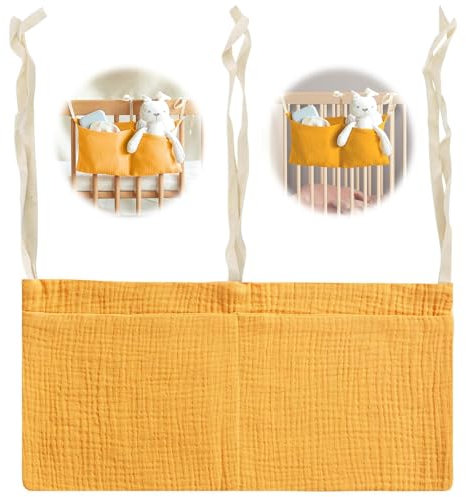 Babybett Organizer, Kinderzimmer Hängender Bett Organizer mit 2 Taschen, Verstellbarer Organizer Beistellbett Baby, Betttasche Spielzeugtasche, Aufbewahrungstaschen für Windeln Kleidung Spielzeug