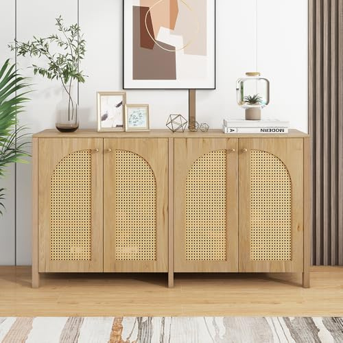 Sweiko Buffet moderne minimaliste avec 4 portes en rotin, armoire de rangement avec poignées en métal, buffet minimaliste pour salle à manger, salon et cuisine (naturel)