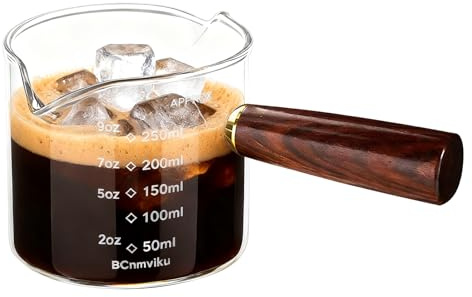 BCnmviku 250ml Espresso Gläser,V-Auslauf Espresso Messbecher,Espressotassen mit Holzgriff füR Kaffee,Latte,Milch,Saft,Tee,Sauce