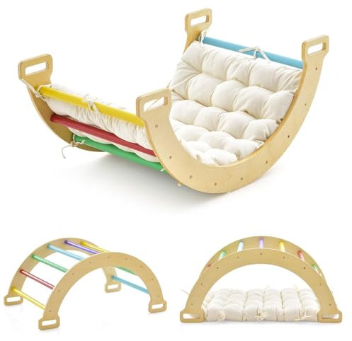 HOMASIS Kletterbogen mit Kissen, Holz Klettergerüst Indoor, Montessori Holzwippe Bogenwippe zum Wippen & Klettern, Picklerdreick Baby, Kletterdreieck Klettergeräte für Kinder ab 3 Jahre (Bunt)