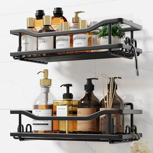 Coalinker Shower Caddy 2 Pack- Stick on Bathroom Shelf no Drilling- Extra Strong Adhesive Wall Shelves Organiser Storage Holder- Self Adhesive Rustproof Tidy Black