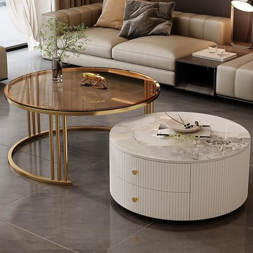 Moderne, runde Couchtische, 2er-Set, mit großem Stauraum für Wohnzimmer, Schlafzimmer, Büro, Balkon, Wohnung, einfache Wartung und stilvolles Design, bunt, R19,6 x 13,7 + 27,5 x 17,7 Zoll