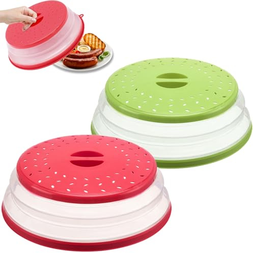 2 Pcs Collapsible Microwave Food Cover, Silicone Foldable Microwave Splatter Guard with Grip Handle, Microwave Cover for Food, Colander Basket for Fruit and Vegetable(Red+Green)