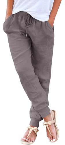 Yuson Girl Pantalon Femme Été en Lin Pantalon de Plage Fluide Large Taille Haute Elastique Décontractée Pantalon Solide Couleur Léger Fuselé Pantalon avec Poches(Gris Clair, S)