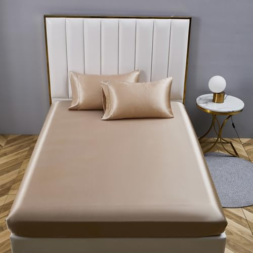 YASMENG - Sábana bajera (180 x 200 cm, satén beige, oro liso, 30 cm, seda sedosa, brillante, lujo, seda y satén, poliéster, suave, transpirable, para colchones gruesos