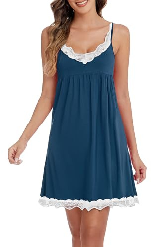 SHCNSJC Nattlinne dam sexig sommar underklänning dam spagettiband bomull med spets negligé för kvinnor nattkläder babydoll nattskjortor, A-blå, XL