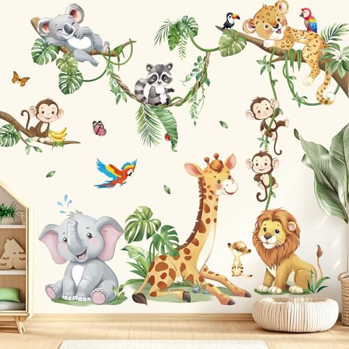 decalmile Adesivi Murali Animali della Giungla Albero Ramo Adesivi da Parete Safari Elefante Leone Giraffa Scimmia Decorazione Murale Asilo Nido Camerette Bambini Camera da Letto