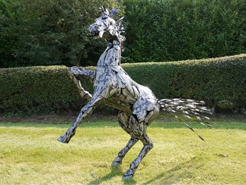 Metal Garden Horse Sculpture, Rearing Spirit Horse Design, 125 x 140 x 35 cm, Silver