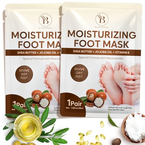 Masque Pied Hydratant, Masque Pieds Très Secs et Abîmés – Soin au Beurre de Karité, Huile de Jojoba et Vitamine E, Foot Mask (2 Paires)