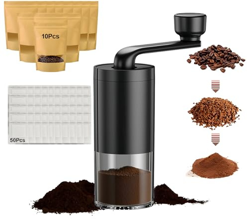 61 Stück Mini Manuell Kaffeemühle 8 Einstellbarem Mahlgrad Handkaffeemühle mit 36g Kapazität Coffee Grinder mit 50 Kaffeefilter und 10 Kraftpapiertüten für Espresso, Reise, Camping