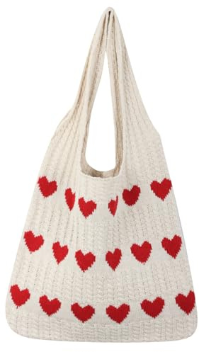 JSTHHTT Sacs à Bandoulière, Sacs Tissée Décontractée pour Femmes, Vintage Sac à Main, Sac à Bandoulière de Plage, pour Voyage Vacances Plage (Cœur Rouge)